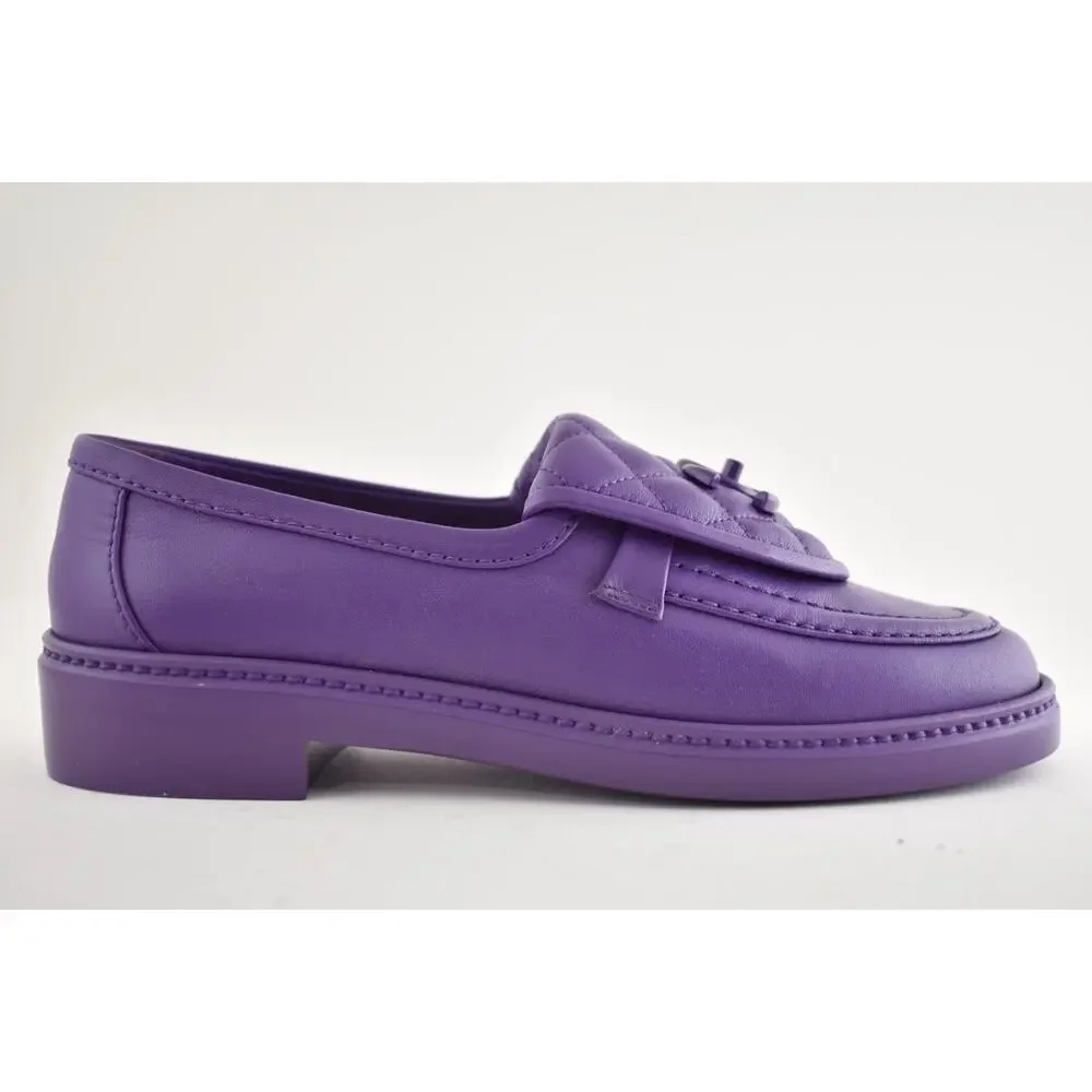 Chanel 24C Purple Leather Quilted Flap Turnlock CC Logo Moccasin Flat Loafer 36